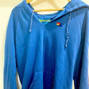 Blue Aviator Nation V-Neck Hoodie Striped Sleeves